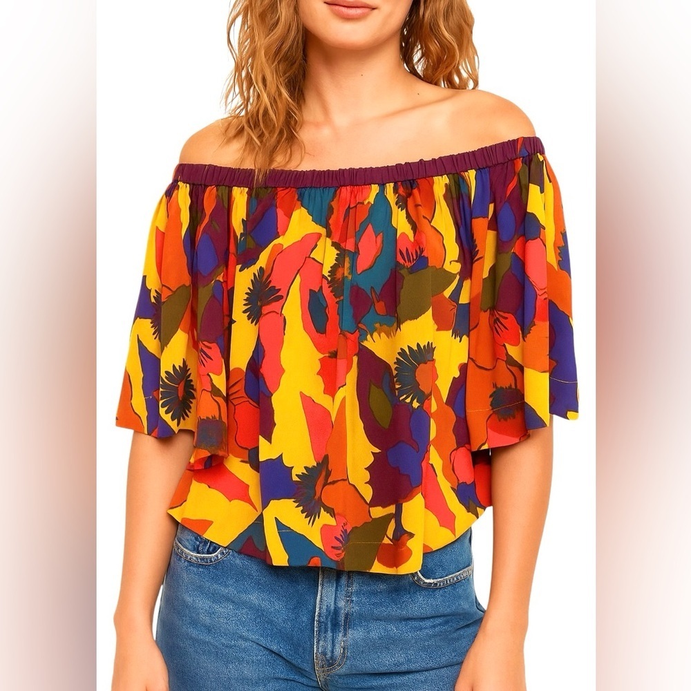 Free People Rockin' Rochelle Top Womens Large Boho Off Shoulder Silky Festival
